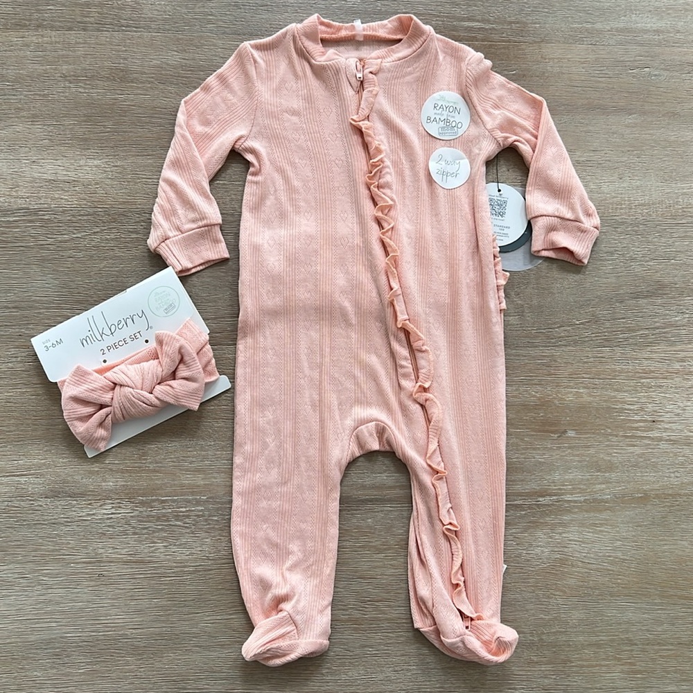 Milkberry Baby Girl Bamboo Peach Needlepoint Ruffle Footie 6-9 months - Picture 5 of 7